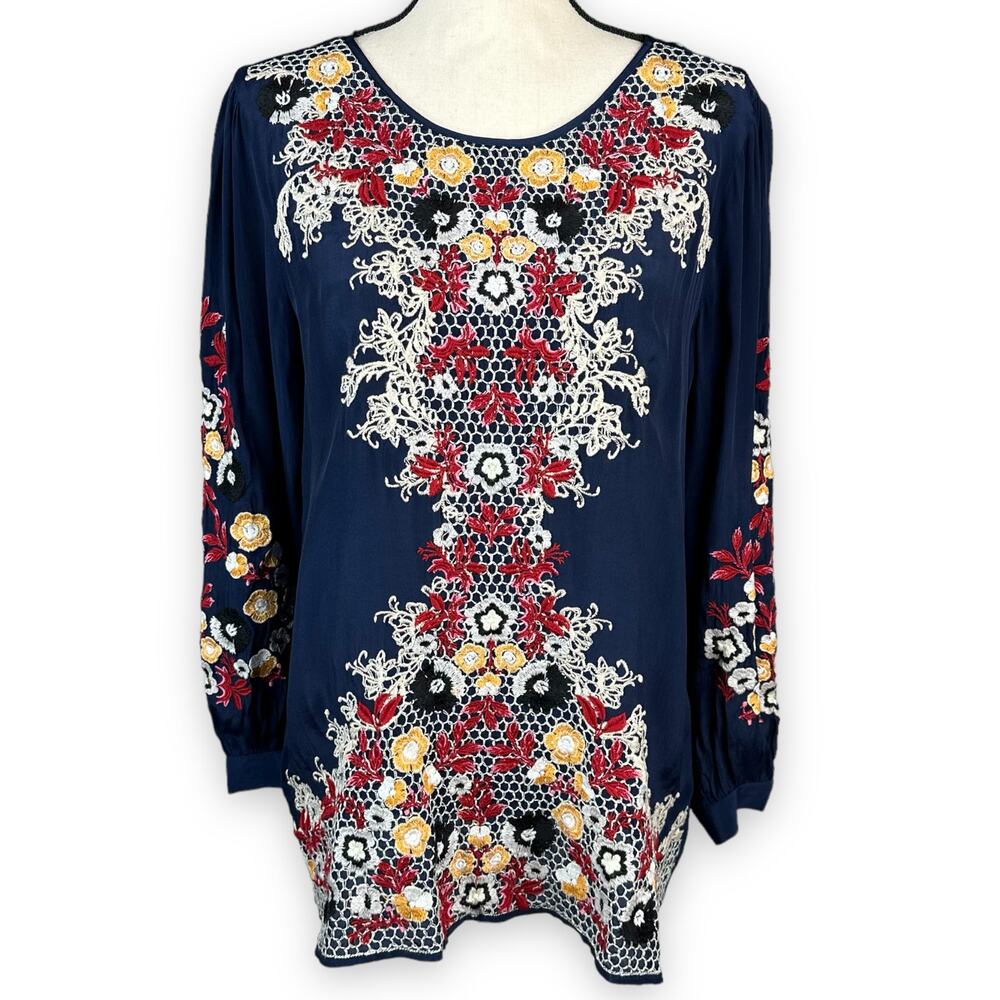 Micky London Boho Floral Embroidered Blouse Top Scoop Neck Navy Blue Medium